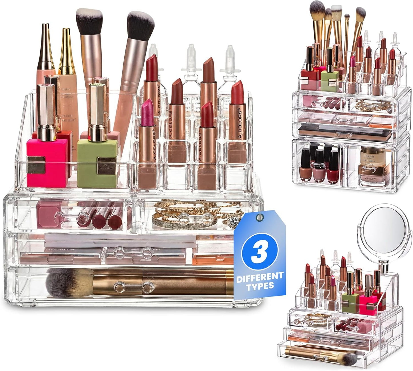 Clear Makeup Organizer with 4 Drawers 16 Compartments, Countertop | 16-Compartment Clear Acrylic Makeup Organizer, 4 Drawers, Cosmetic Jewelry Perfume Skincare Storage, Vanity Countertop