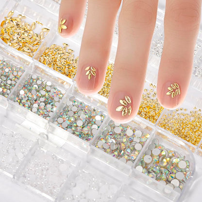Nail Art Charms - Assorted Metal Beads, Flatback Rhinestones, and 3D Decorative Pearls for Nail Design Kits