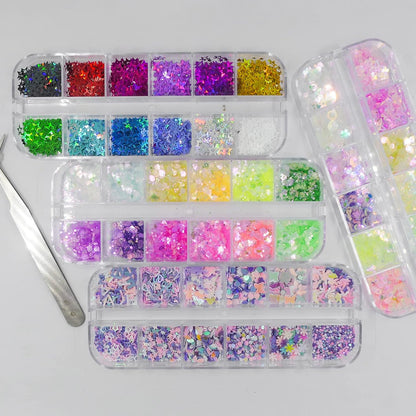 Iridescent Aurora Nail Glitter Powder - 4 Boxes of Holographic Star, Heart, and Flower Flakes for Manicure and Resin Craft Accessories