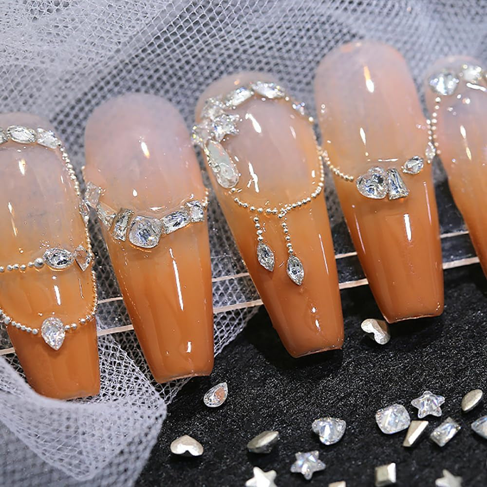 50 Pieces of Shiny Zircon Rhinestone Nail Gems - 3D Flatback Rhinestones in 2-4mm, Mini Nail Rhinestones in Glitter Silver and White, Multi-Shape Nail Diamonds and Crystals for Nail Art Decorations