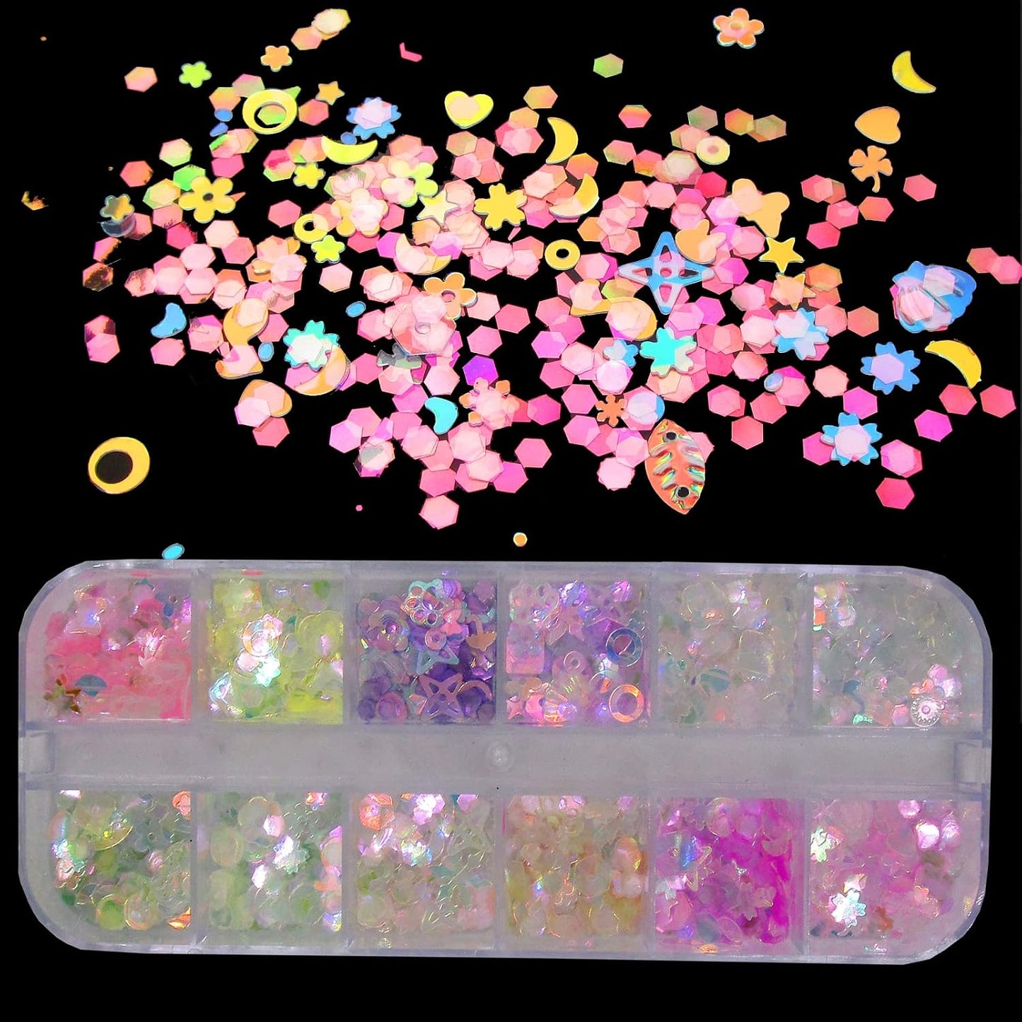 Iridescent Aurora Nail Glitter Powder - 4 Boxes of Holographic Star, Heart, and Flower Flakes for Manicure and Resin Craft Accessories