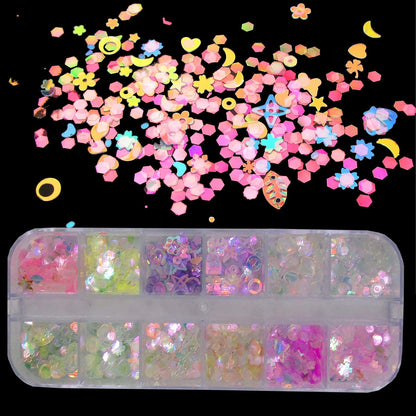 Iridescent Aurora Nail Glitter Powder - 4 Boxes of Holographic Star, Heart, and Flower Flakes for Manicure and Resin Craft Accessories