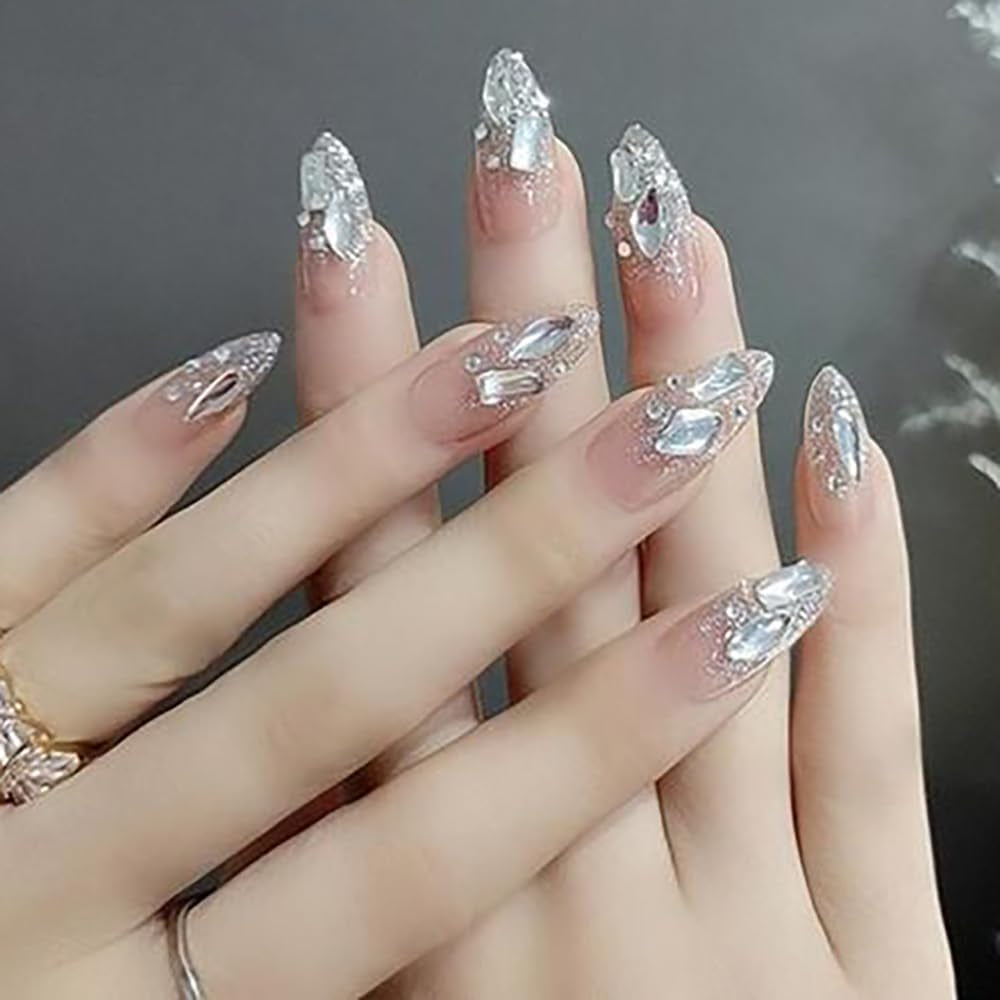 50 Pieces of Shiny Zircon Rhinestone Nail Gems - 3D Flatback Rhinestones in 2-4mm, Mini Nail Rhinestones in Glitter Silver and White, Multi-Shape Nail Diamonds and Crystals for Nail Art Decorations