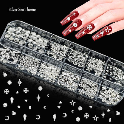 8 Boxes of 5000 Nail Charms and Gems - White Gold, Silver, and Colorful Clear Flatback Rhinestones, Multi-Shape Nail Art Accessories for Crafts, Heart, Star, and Flower Nail Diamonds for Professional Manicures
