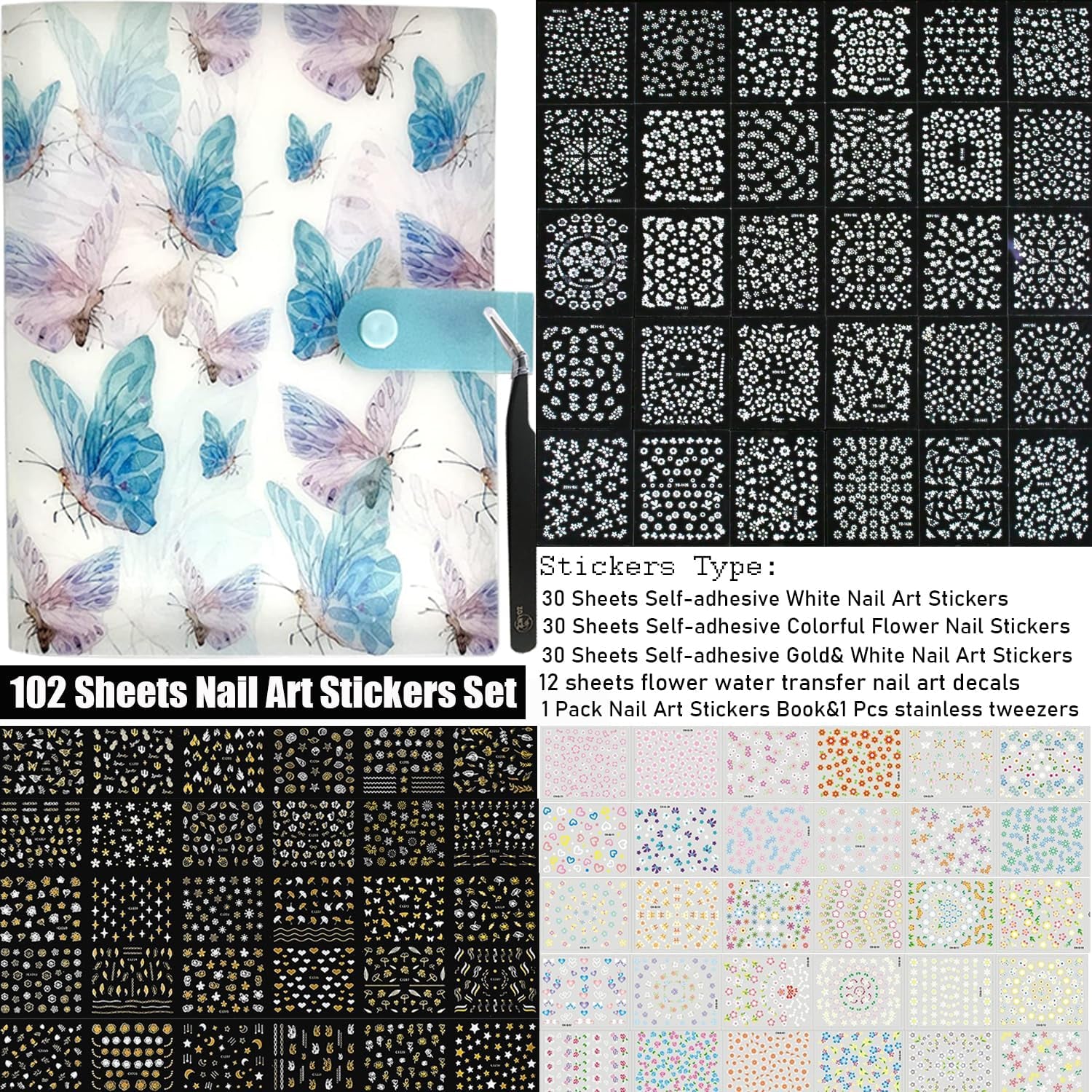 102 Sheets Nail Art Stickers & Storage Book, 5200-Piece Floral & Rhinestone Design Nail Decal Collection