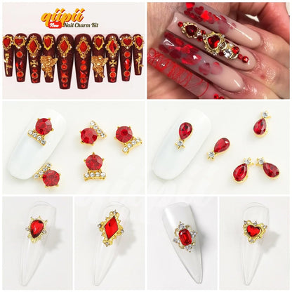24-Piece Ruby Red Heart Nail Rhinestones - Luxury 3D Nail Charms and Crystals for Acrylic Nail Art Decoration