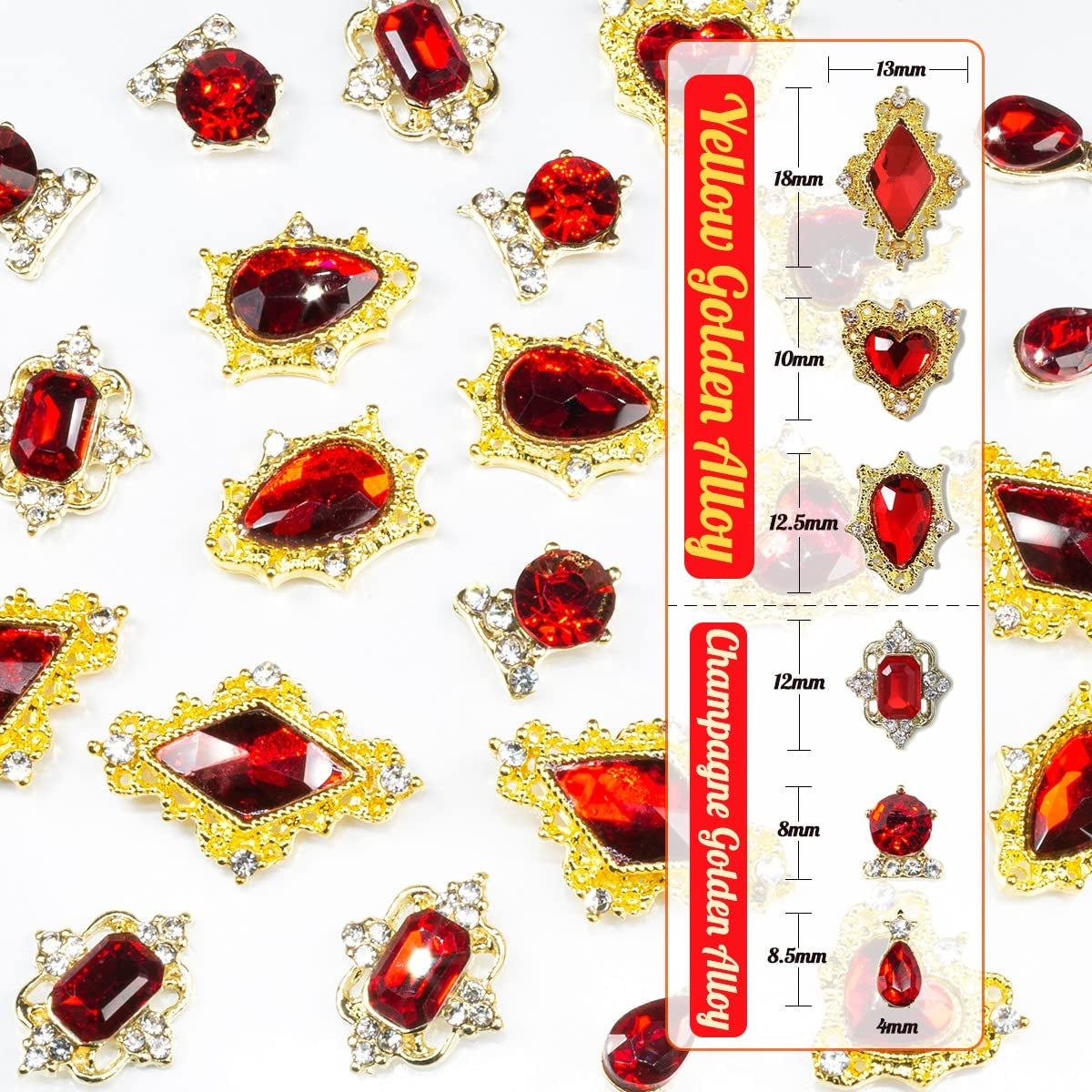 24-Piece Ruby Red Heart Nail Rhinestones - Luxury 3D Nail Charms and Crystals for Acrylic Nail Art Decoration