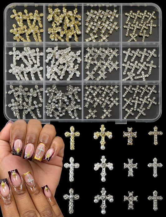 120-Piece 3D Cross Nail Charms Set - 12-Grid Collection of Metal Nail Art Charms in White, Gold, and Silver Finishes