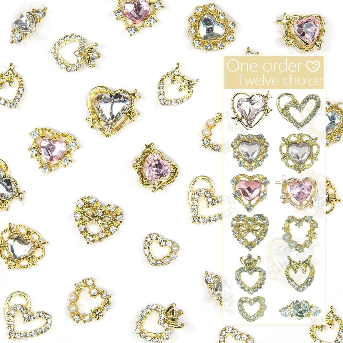 24-Piece Luxury Heart Nail Charms Set - 12 Pairs of 3D Gold Rhinestones and Crystal Diamonds for Nail Art and Crafts, Complete with Decorative Box