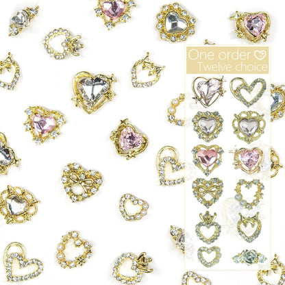 24-Piece Luxury Heart Nail Charms Set - 12 Pairs of 3D Gold Rhinestones and Crystal Diamonds for Nail Art and Crafts, Complete with Decorative Box