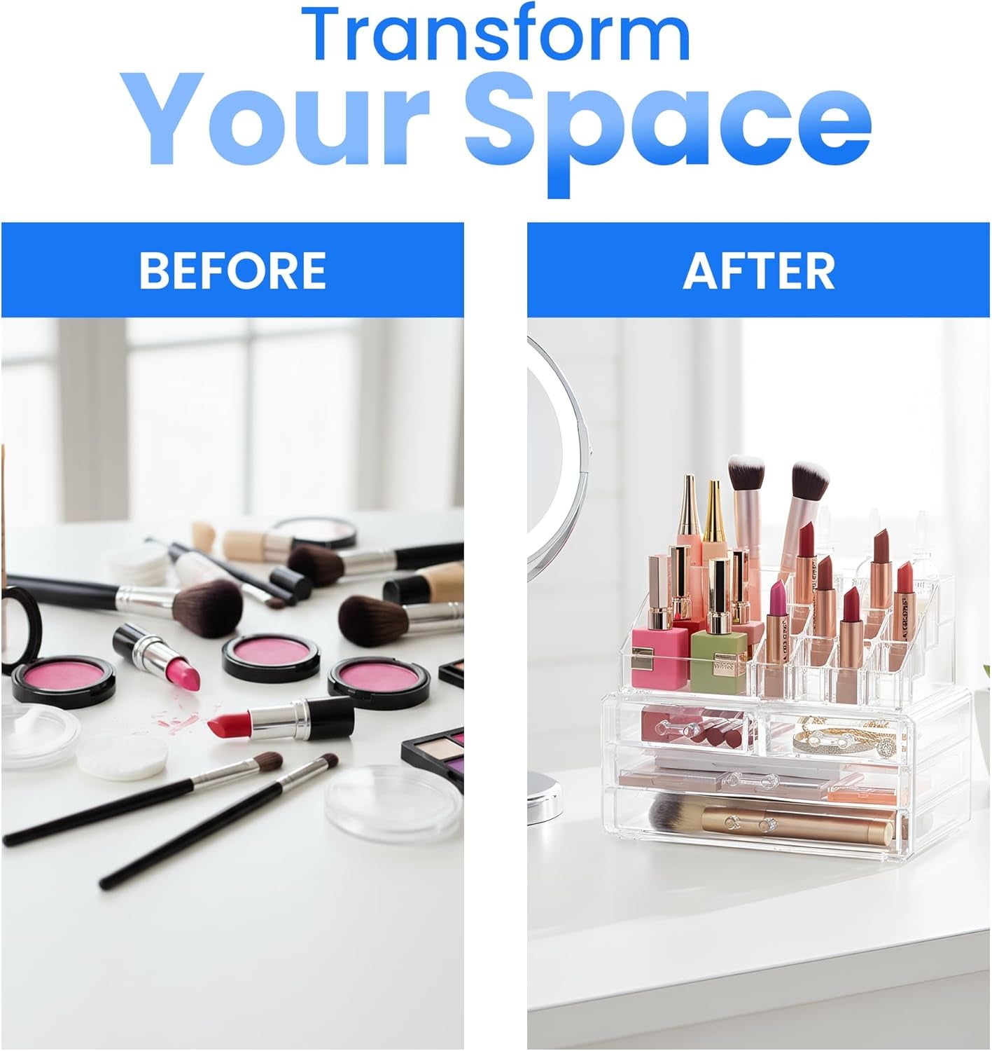 Clear Makeup Organizer with 4 Drawers 16 Compartments, Countertop | 16-Compartment Clear Acrylic Makeup Organizer, 4 Drawers, Cosmetic Jewelry Perfume Skincare Storage, Vanity Countertop