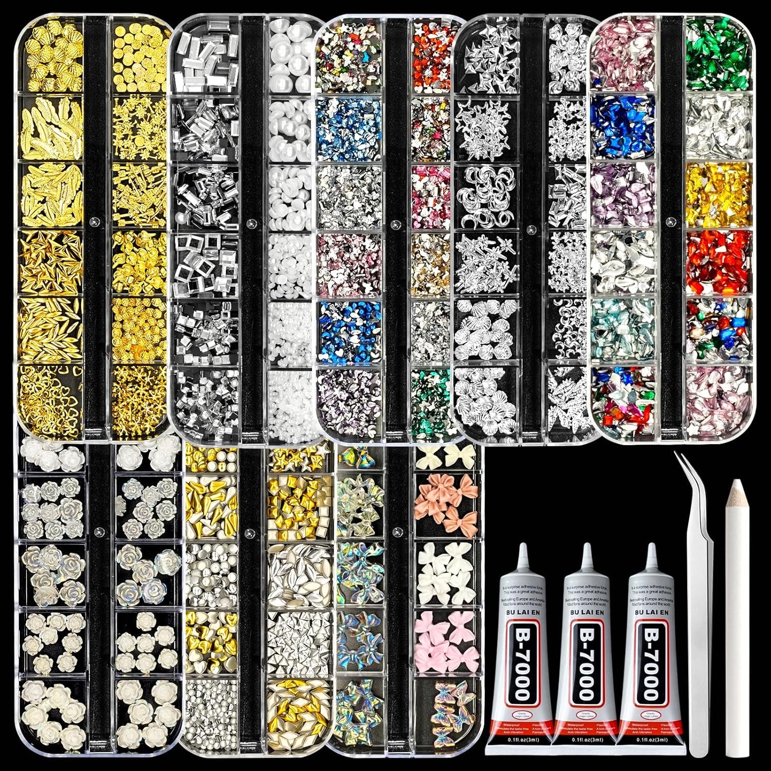 8 Boxes of 5000 Nail Charms and Gems - White Gold, Silver, and Colorful Clear Flatback Rhinestones, Multi-Shape Nail Art Accessories for Crafts, Heart, Star, and Flower Nail Diamonds for Professional Manicures