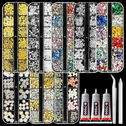 8 Boxes of 5000 Nail Charms and Gems - White Gold, Silver, and Colorful Clear Flatback Rhinestones, Multi-Shape Nail Art Accessories for Crafts, Heart, Star, and Flower Nail Diamonds for Professional Manicures