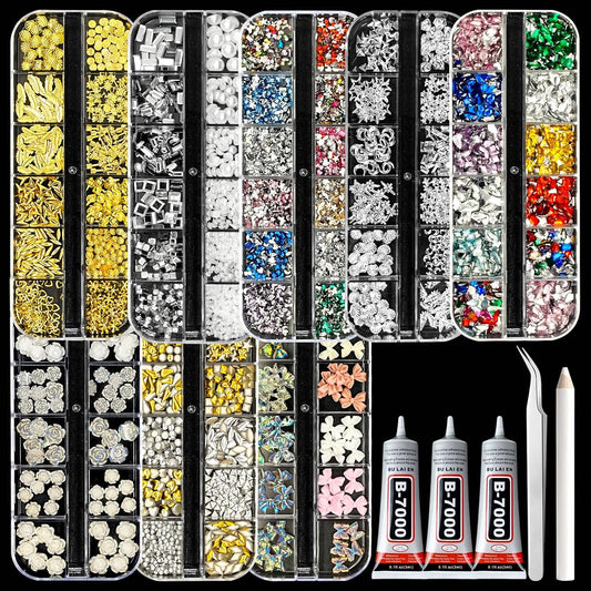 8 Boxes of 5000 Nail Charms and Gems - White Gold, Silver, and Colorful Clear Flatback Rhinestones, Multi-Shape Nail Art Accessories for Crafts, Heart, Star, and Flower Nail Diamonds for Professional Manicures