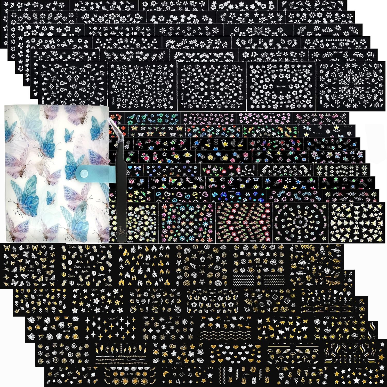 102 Sheets Nail Art Stickers & Storage Book, 5200-Piece Floral & Rhinestone Design Nail Decal Collection