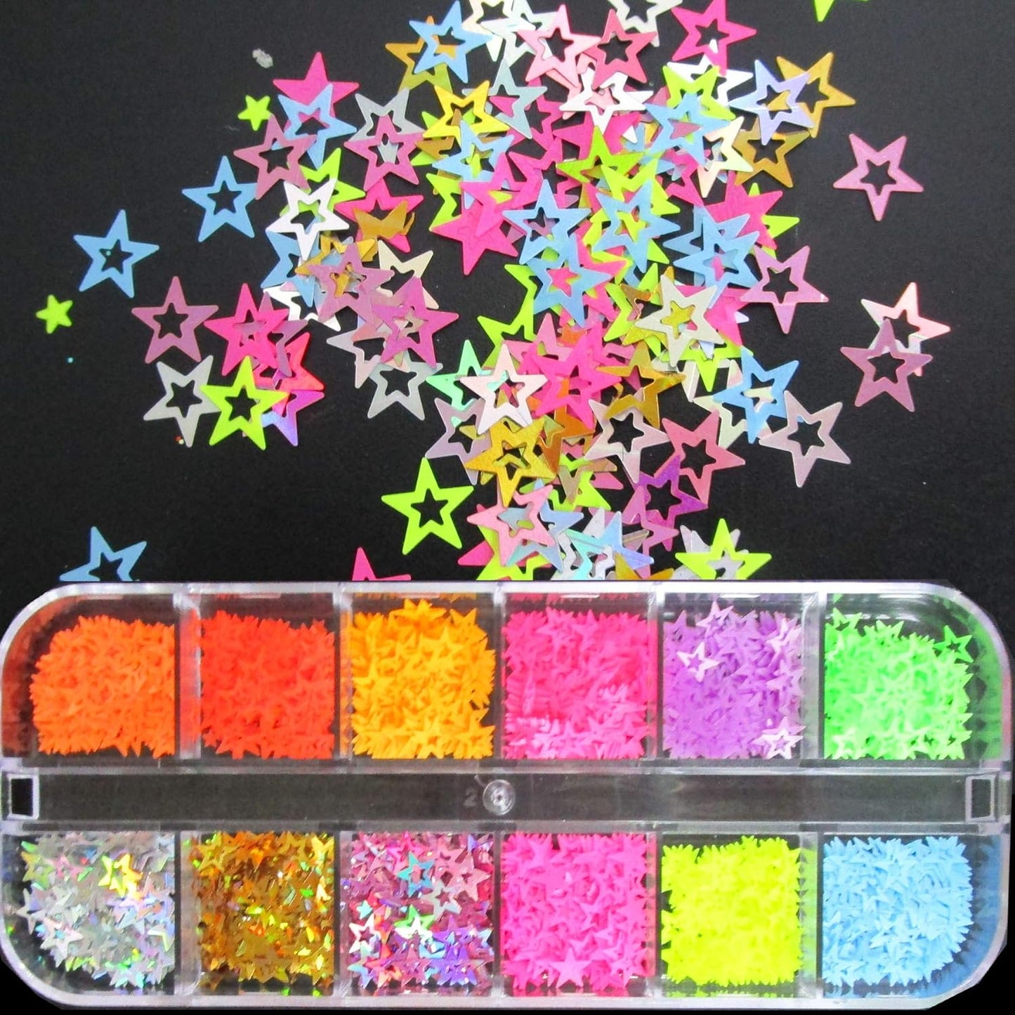 Mixed Shape Holographic Nail Glitter Sequins Set - Heart, Butterfly, Neon Star, and Chunky Flake Decorations for Manicure, Makeup, and Craft Projects