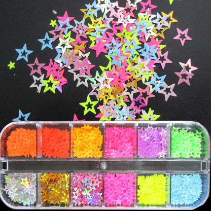 Mixed Shape Holographic Nail Glitter Sequins Set - Heart, Butterfly, Neon Star, and Chunky Flake Decorations for Manicure, Makeup, and Craft Projects