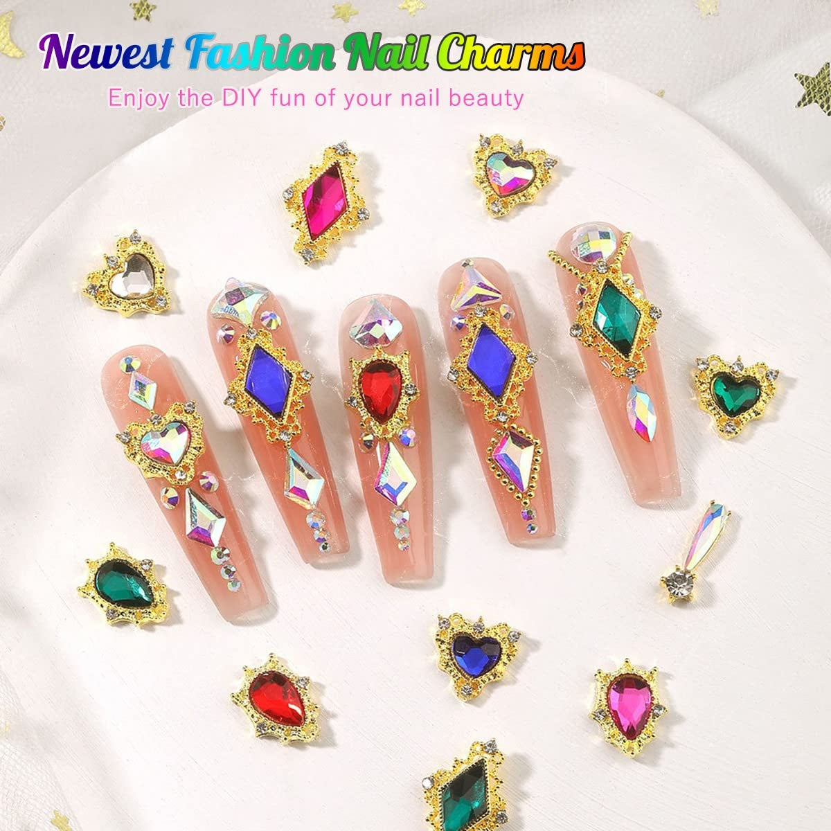 24-Piece Ruby Red Heart Nail Rhinestones - Luxury 3D Nail Charms and Crystals for Acrylic Nail Art Decoration