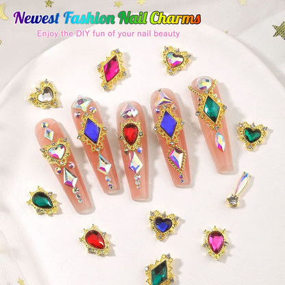 24-Piece Ruby Red Heart Nail Rhinestones - Luxury 3D Nail Charms and Crystals for Acrylic Nail Art Decoration