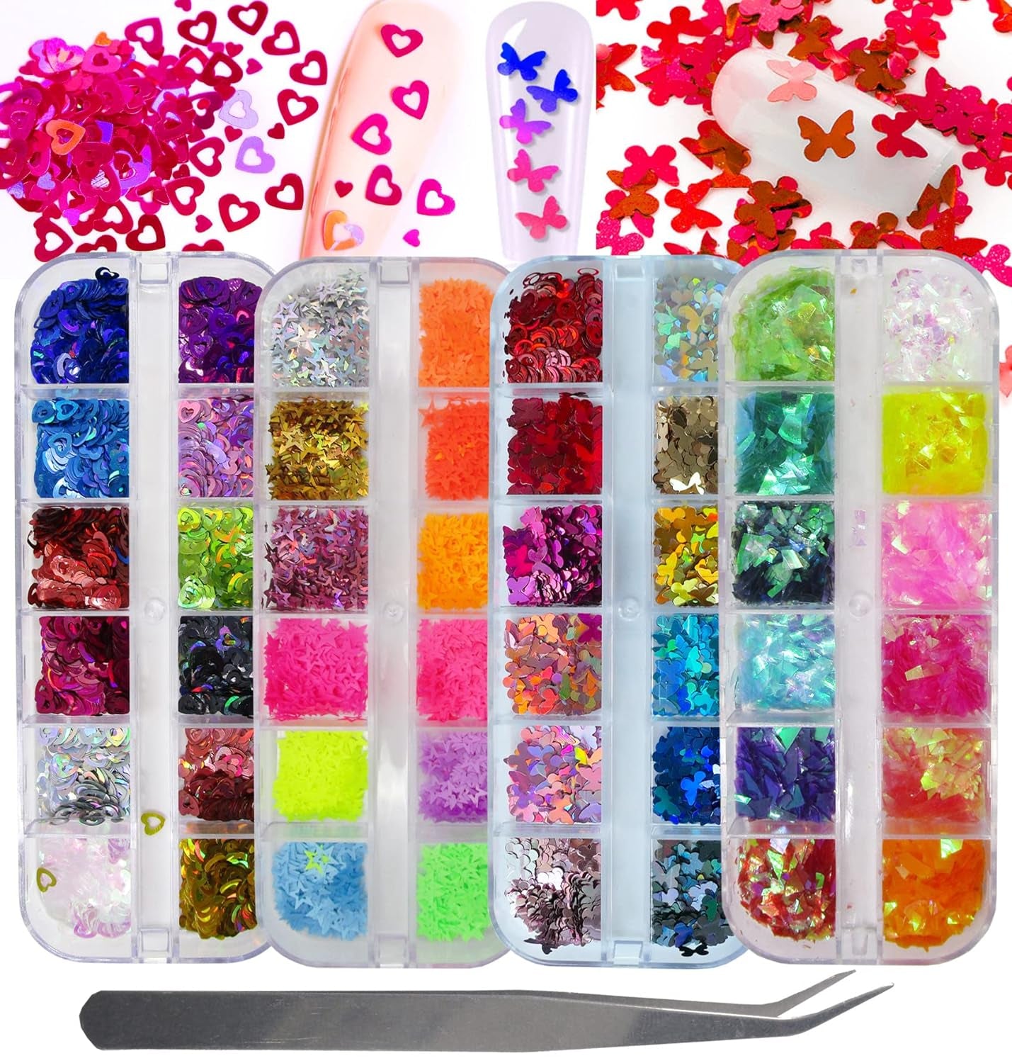 Mixed Shape Holographic Nail Glitter Sequins Set - Heart, Butterfly, Neon Star, and Chunky Flake Decorations for Manicure, Makeup, and Craft Projects