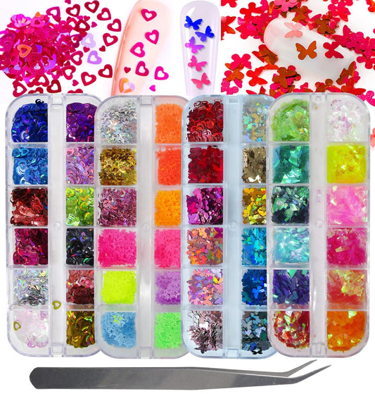 Mixed Shape Holographic Nail Glitter Sequins Set - Heart, Butterfly, Neon Star, and Chunky Flake Decorations for Manicure, Makeup, and Craft Projects