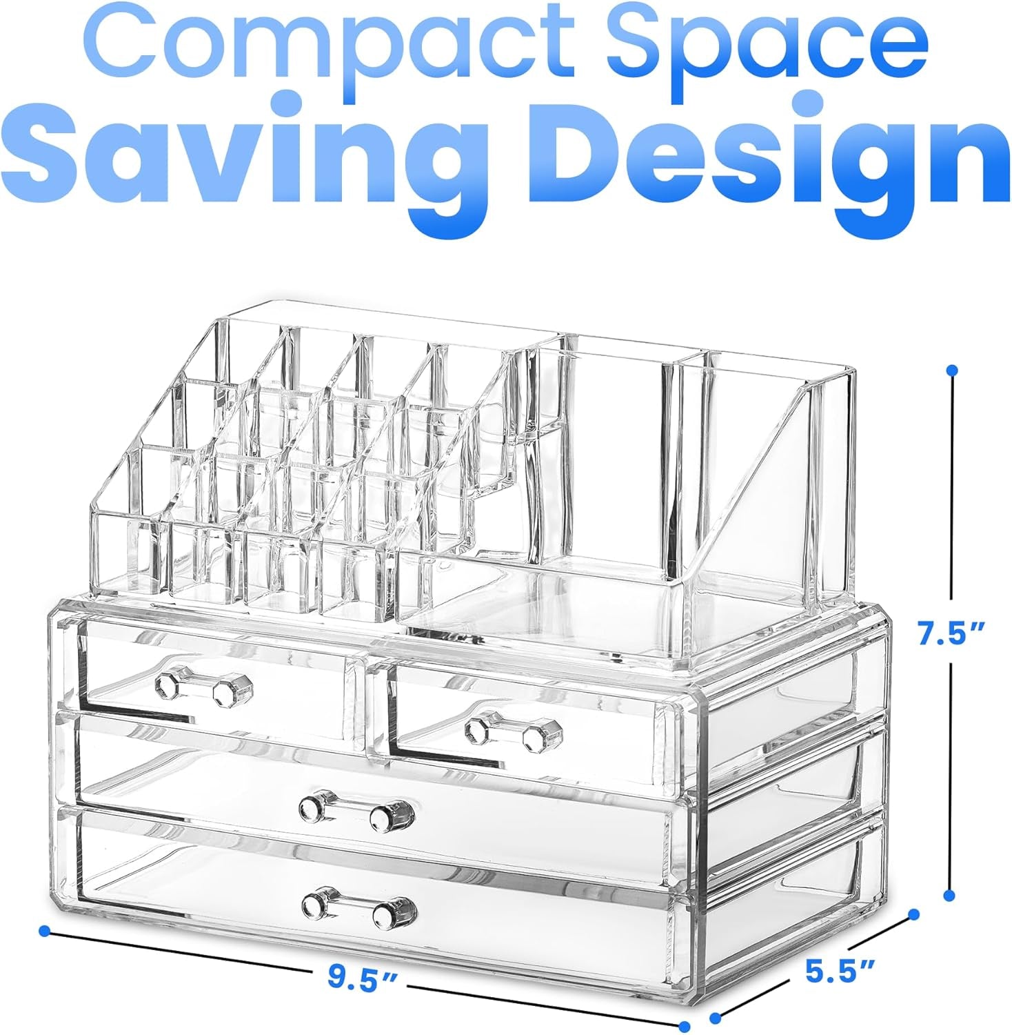 Clear Makeup Organizer with 4 Drawers 16 Compartments, Countertop | 16-Compartment Clear Acrylic Makeup Organizer, 4 Drawers, Cosmetic Jewelry Perfume Skincare Storage, Vanity Countertop