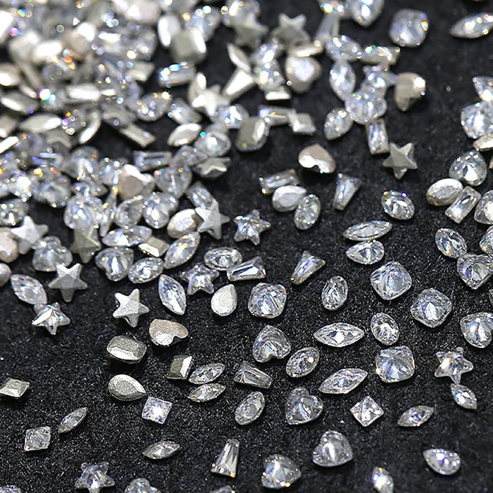 50 Pieces of Shiny Zircon Rhinestone Nail Gems - 3D Flatback Rhinestones in 2-4mm, Mini Nail Rhinestones in Glitter Silver and White, Multi-Shape Nail Diamonds and Crystals for Nail Art Decorations