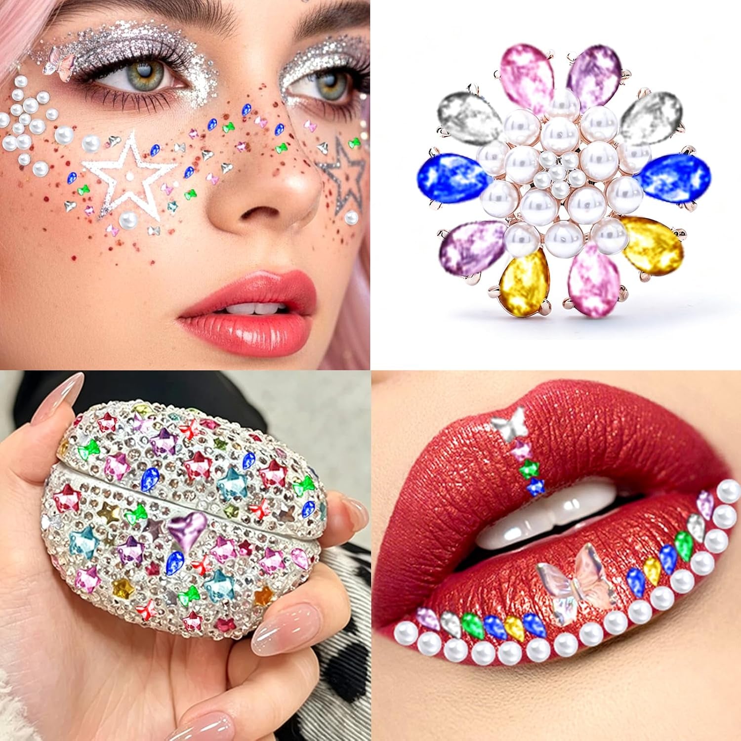 8 Boxes of 5000 Nail Charms and Gems - White Gold, Silver, and Colorful Clear Flatback Rhinestones, Multi-Shape Nail Art Accessories for Crafts, Heart, Star, and Flower Nail Diamonds for Professional Manicures