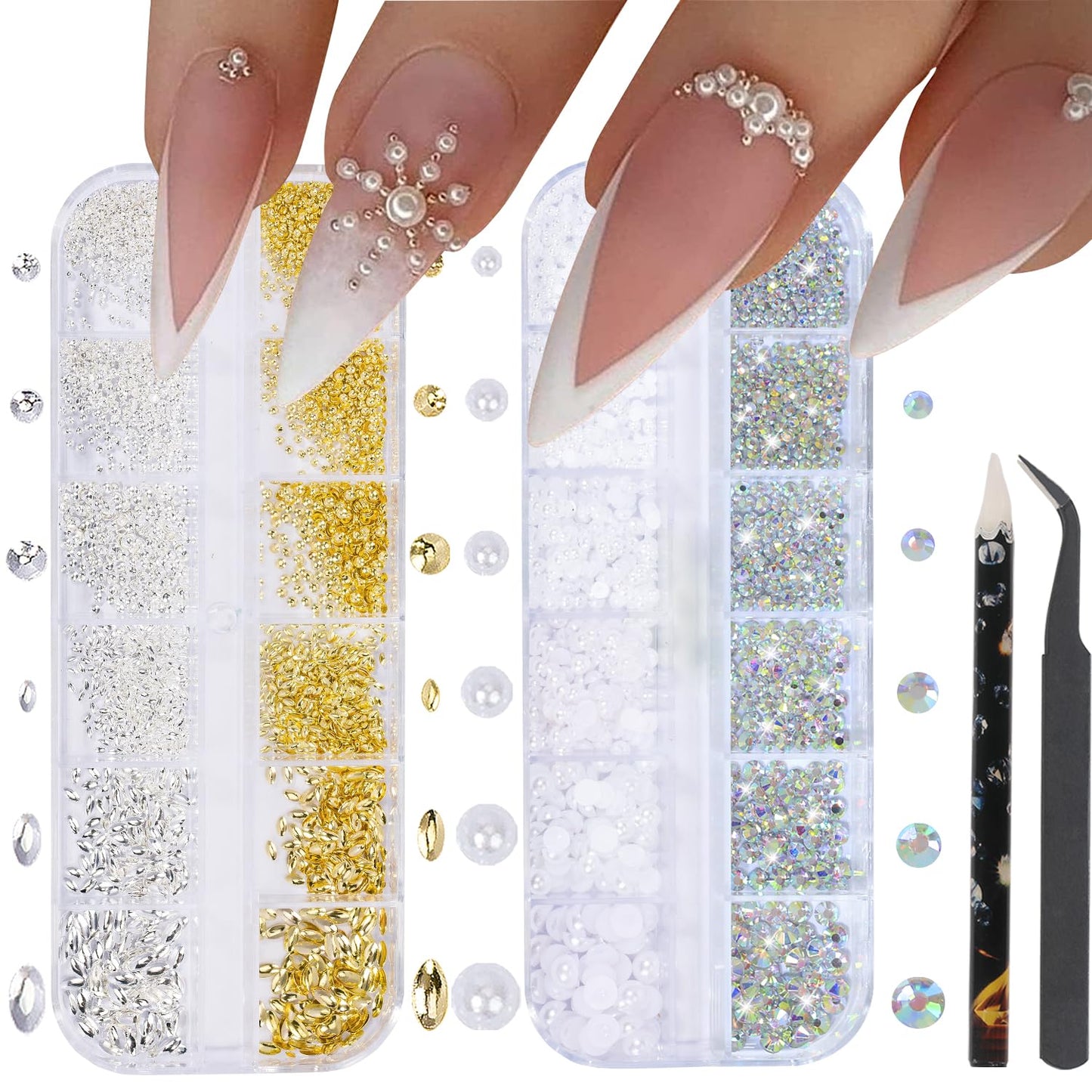Nail Art Charms - Assorted Metal Beads, Flatback Rhinestones, and 3D Decorative Pearls for Nail Design Kits