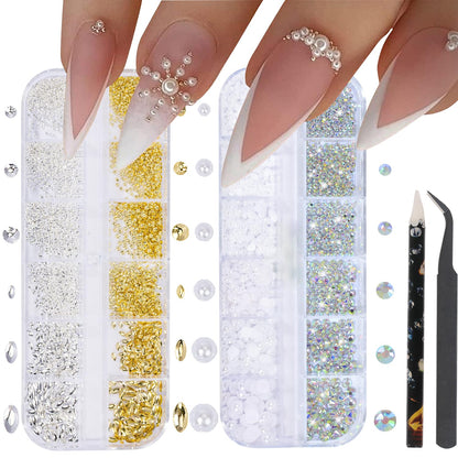 Nail Art Charms - Assorted Metal Beads, Flatback Rhinestones, and 3D Decorative Pearls for Nail Design Kits