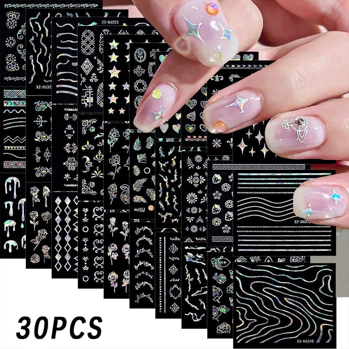 30 Sheets Aurora Flower & Star Nail Art Stickers