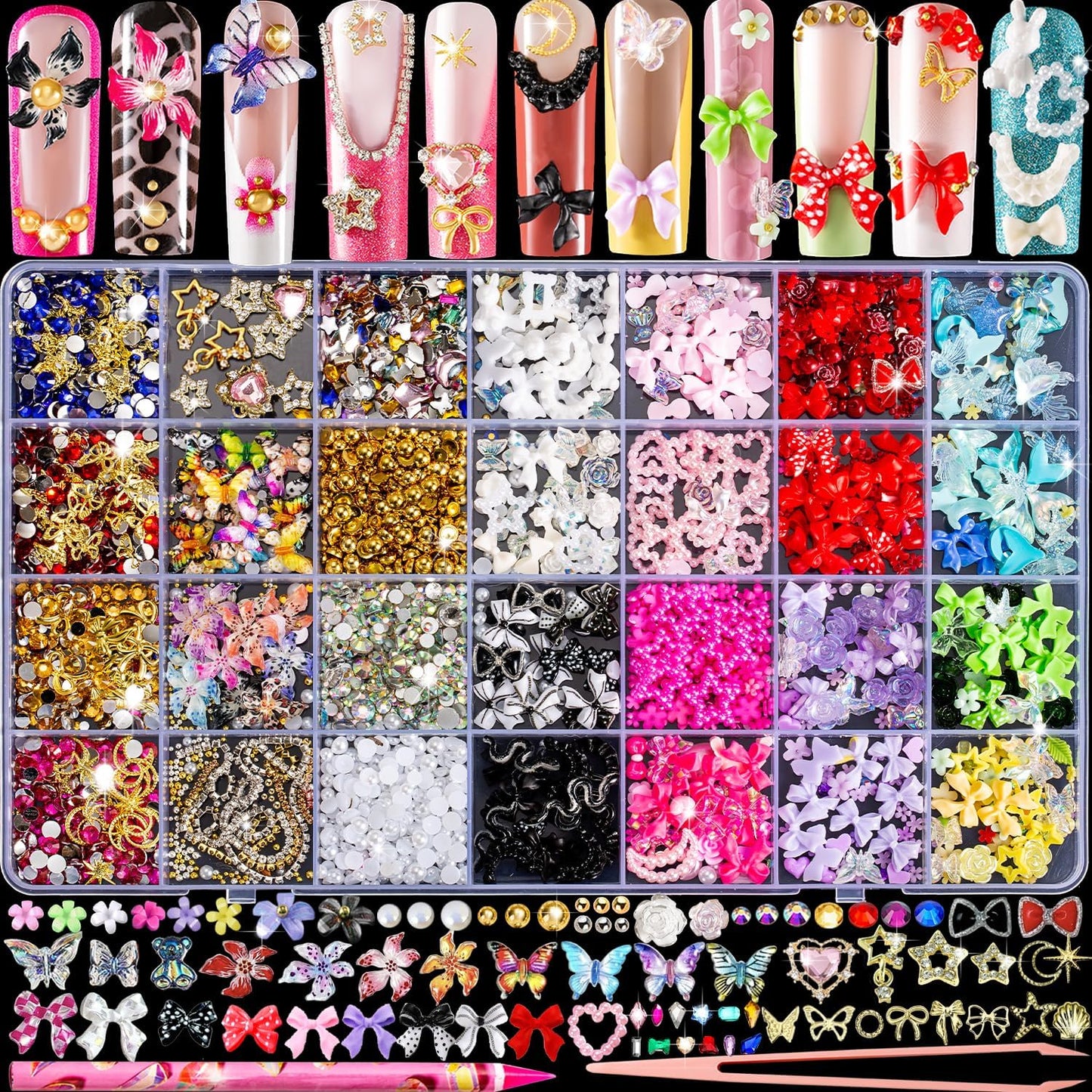 8000-Piece Collection of 3D Nail Charms and Gems, Y2K-Inspired Rhinestones and Decorative Charms Including Butterflies, Bows, Moons, Stars, Flowers, and Gold Pearls for Nail Art Enhancements