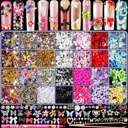 8000-Piece Collection of 3D Nail Charms and Gems, Y2K-Inspired Rhinestones and Decorative Charms Including Butterflies, Bows, Moons, Stars, Flowers, and Gold Pearls for Nail Art Enhancements