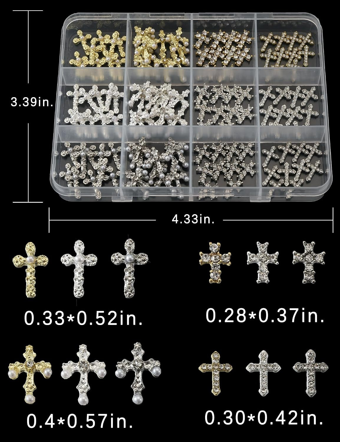 120-Piece 3D Cross Nail Charms Set - 12-Grid Collection of Metal Nail Art Charms in White, Gold, and Silver Finishes
