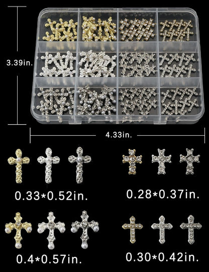 120-Piece 3D Cross Nail Charms Set - 12-Grid Collection of Metal Nail Art Charms in White, Gold, and Silver Finishes