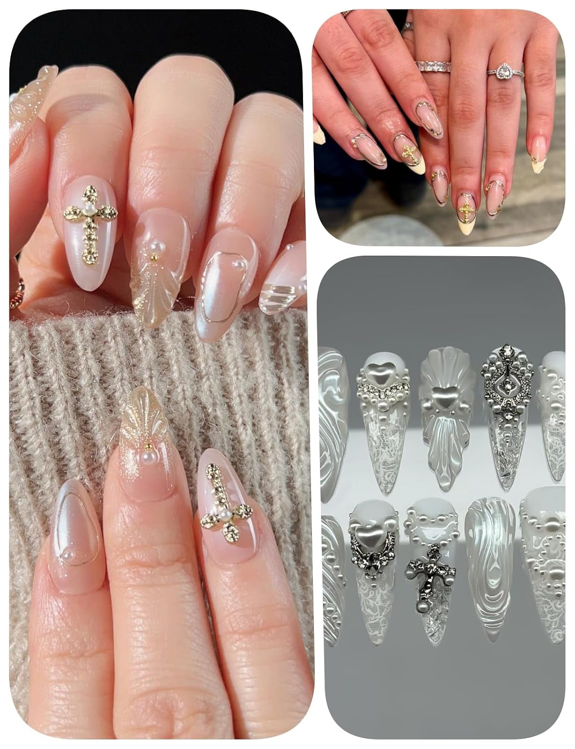 120-Piece 3D Cross Nail Charms Set - 12-Grid Collection of Metal Nail Art Charms in White, Gold, and Silver Finishes
