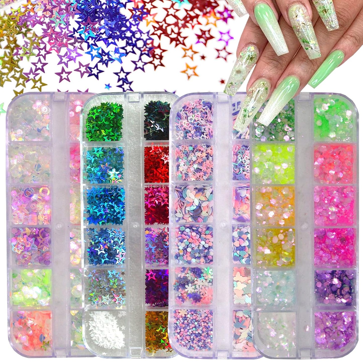Iridescent Aurora Nail Glitter Powder - 4 Boxes of Holographic Star, Heart, and Flower Flakes for Manicure and Resin Craft Accessories