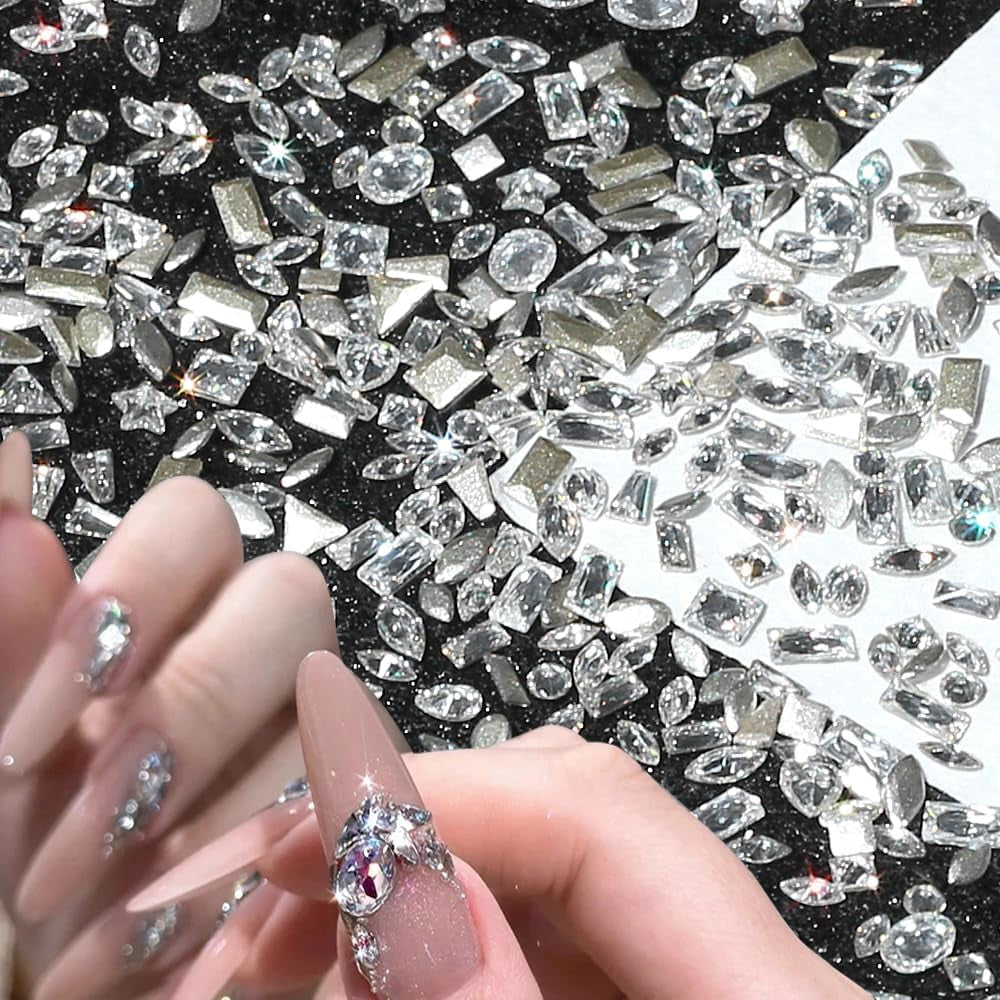 50 Pieces of Shiny Zircon Rhinestone Nail Gems - 3D Flatback Rhinestones in 2-4mm, Mini Nail Rhinestones in Glitter Silver and White, Multi-Shape Nail Diamonds and Crystals for Nail Art Decorations