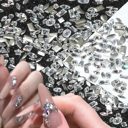 50 Pieces of Shiny Zircon Rhinestone Nail Gems - 3D Flatback Rhinestones in 2-4mm, Mini Nail Rhinestones in Glitter Silver and White, Multi-Shape Nail Diamonds and Crystals for Nail Art Decorations