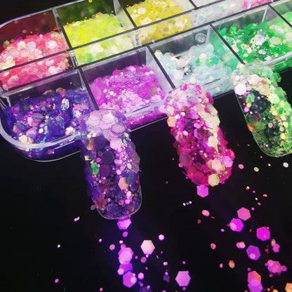 Iridescent Aurora Nail Glitter Powder - 4 Boxes of Holographic Star, Heart, and Flower Flakes for Manicure and Resin Craft Accessories