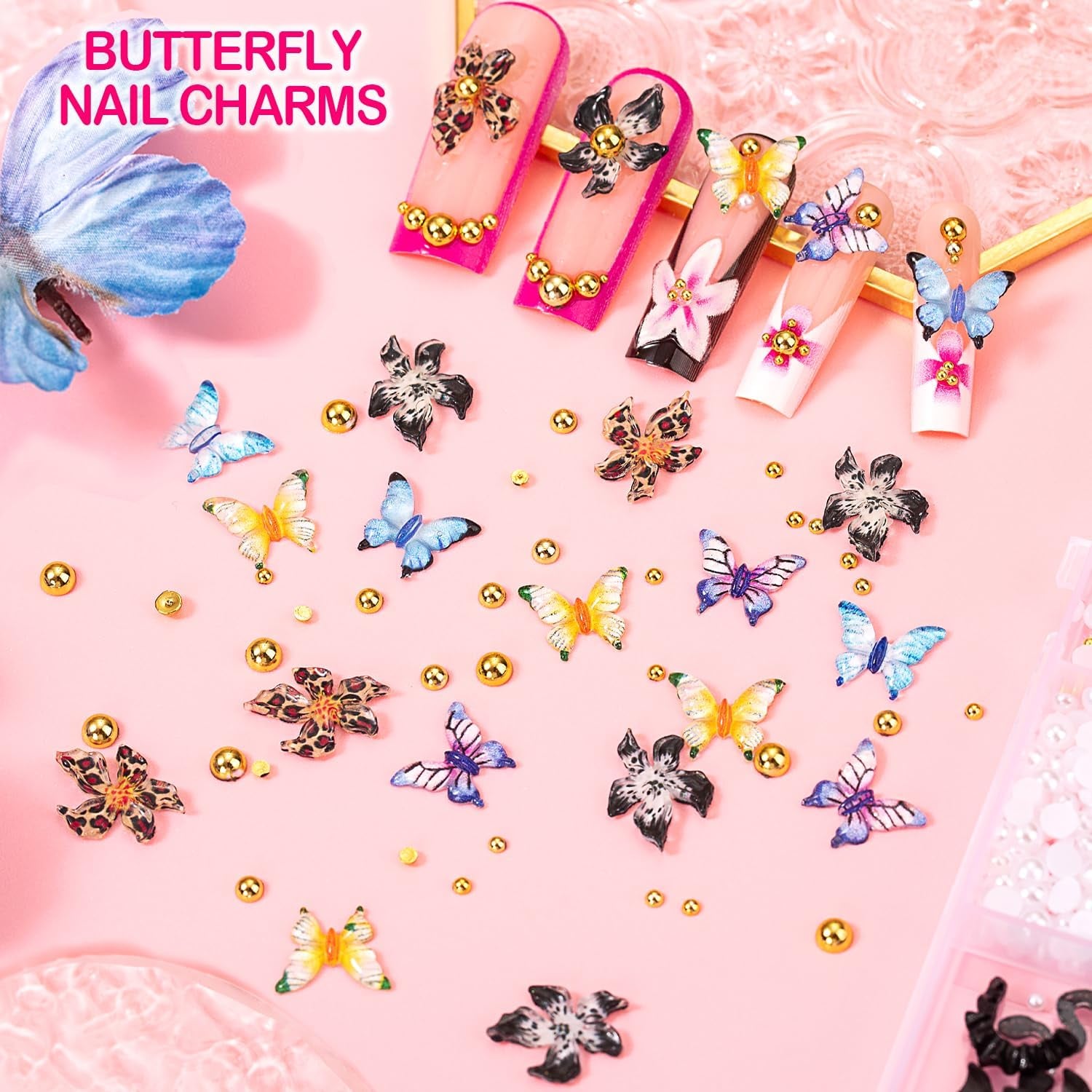 8000-Piece Collection of 3D Nail Charms and Gems, Y2K-Inspired Rhinestones and Decorative Charms Including Butterflies, Bows, Moons, Stars, Flowers, and Gold Pearls for Nail Art Enhancements