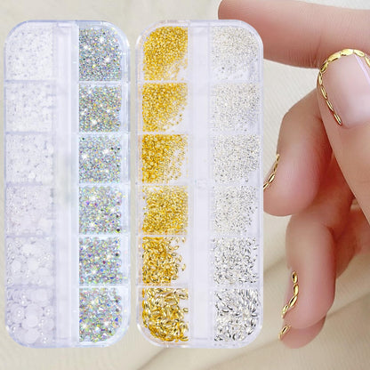 Nail Art Charms - Assorted Metal Beads, Flatback Rhinestones, and 3D Decorative Pearls for Nail Design Kits