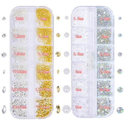Nail Art Charms - Assorted Metal Beads, Flatback Rhinestones, and 3D Decorative Pearls for Nail Design Kits