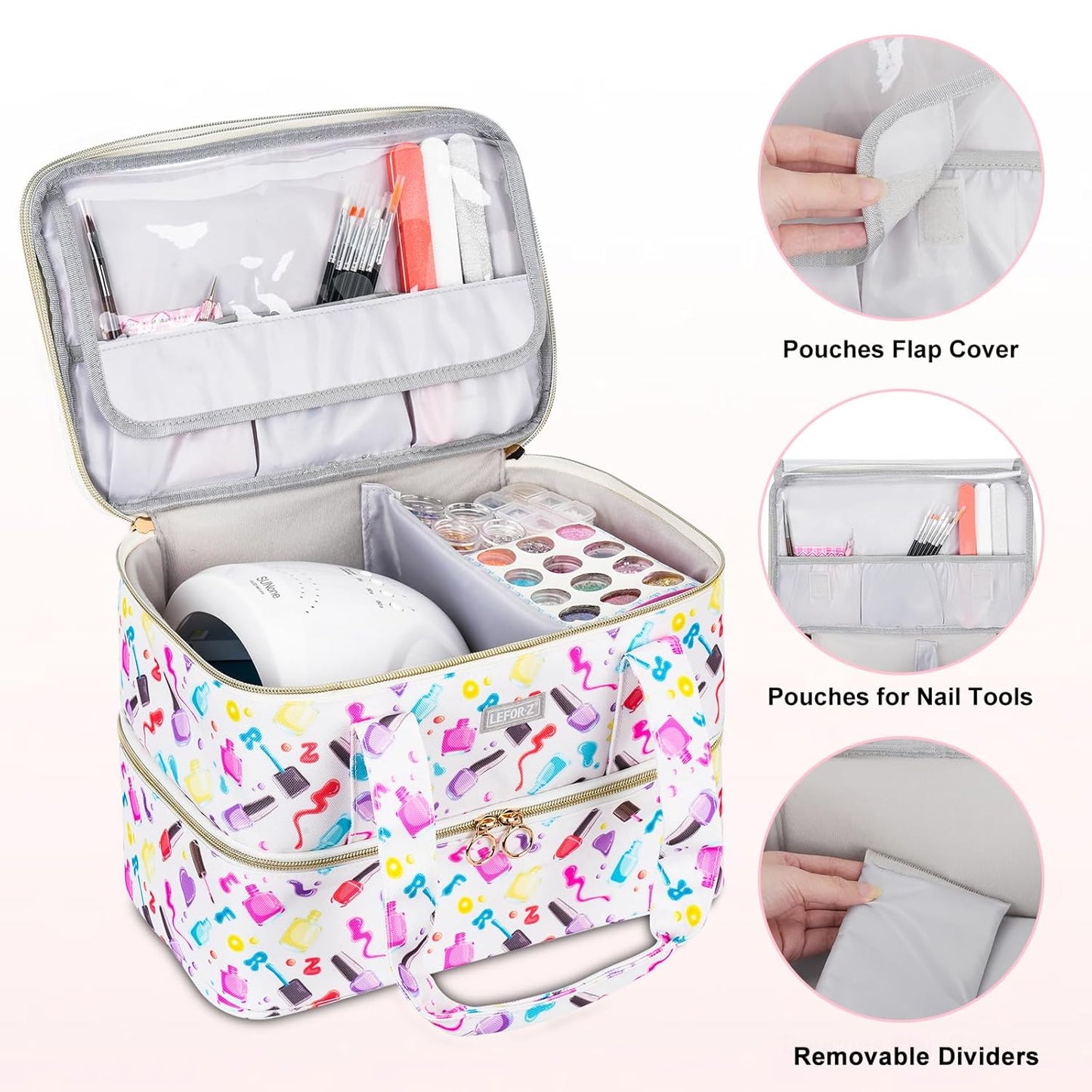 Nail Polish Organizer,Nail Organizers and Storage for Nail Tech,Nail Polish Carrying Case Bag Holds 40 Bottles and Nail Lamp,Portable Nail Polish Holder for Nail Supplies,Nail Polish Print Pattern