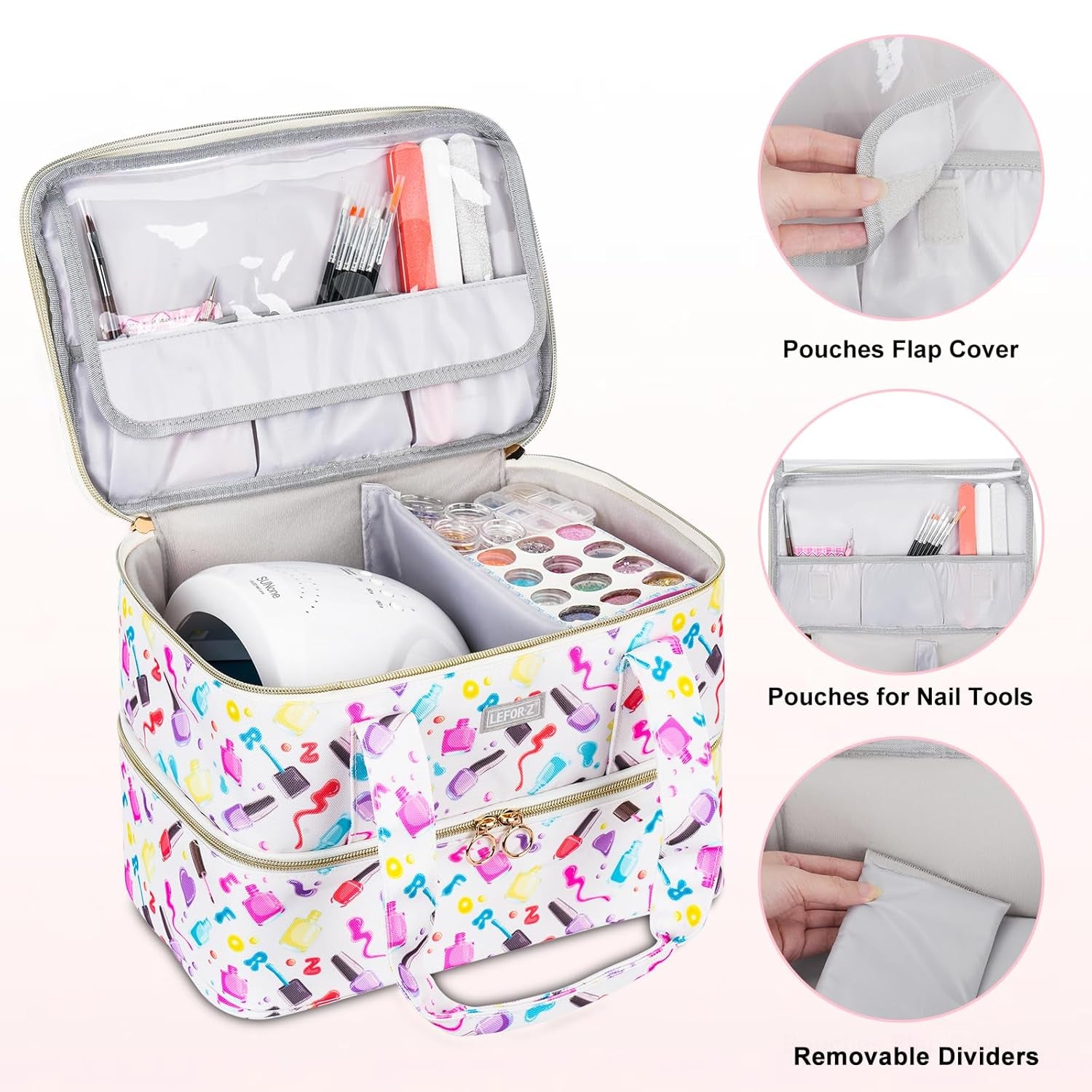 Nail Polish Organizer,Nail Organizers and Storage for Nail Tech,Nail Polish Carrying Case Bag Holds 40 Bottles and Nail Lamp,Portable Nail Polish Holder for Nail Supplies,Nail Polish Print Pattern