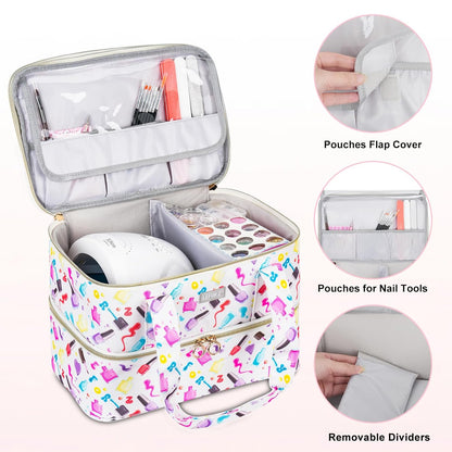 Nail Polish Organizer,Nail Organizers and Storage for Nail Tech,Nail Polish Carrying Case Bag Holds 40 Bottles and Nail Lamp,Portable Nail Polish Holder for Nail Supplies,Nail Polish Print Pattern