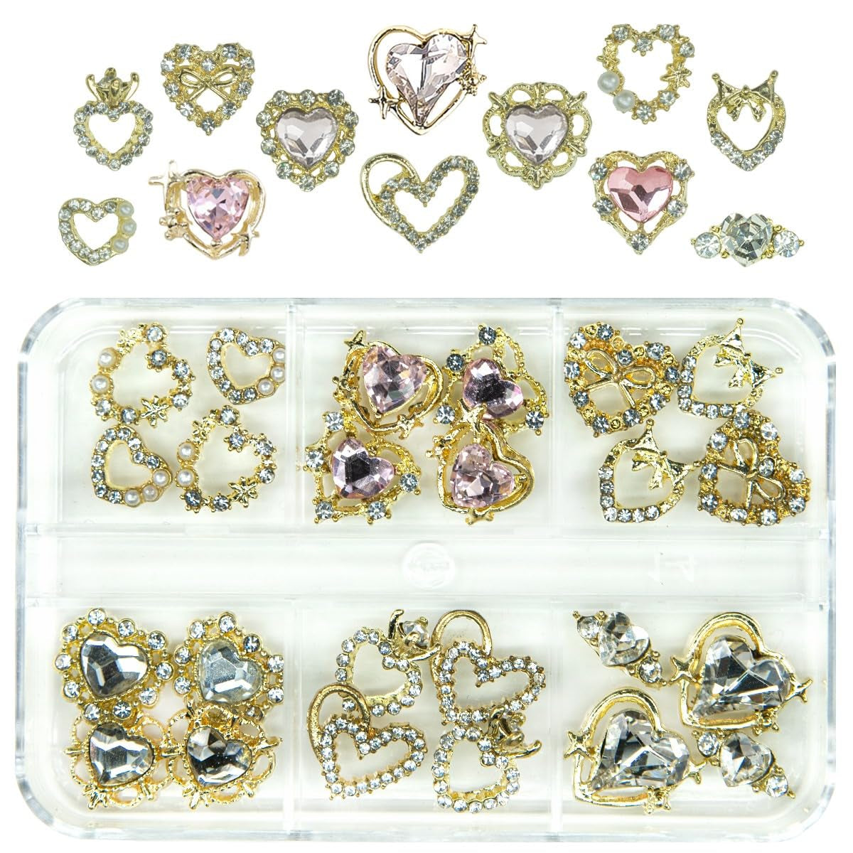 24-Piece Luxury Heart Nail Charms Set - 12 Pairs of 3D Gold Rhinestones and Crystal Diamonds for Nail Art and Crafts, Complete with Decorative Box