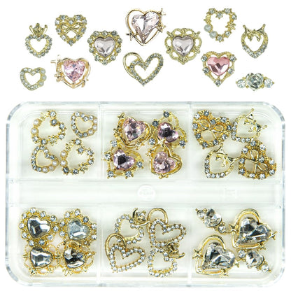 24-Piece Luxury Heart Nail Charms Set - 12 Pairs of 3D Gold Rhinestones and Crystal Diamonds for Nail Art and Crafts, Complete with Decorative Box
