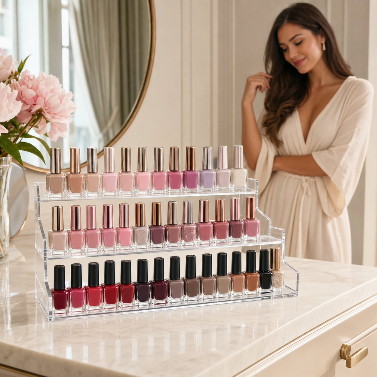 Clear three-tier acrylic nail polish display rack on a vanity