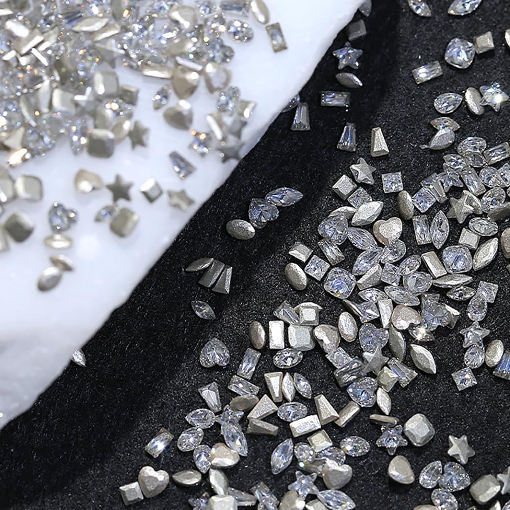 50 Pieces of Shiny Zircon Rhinestone Nail Gems - 3D Flatback Rhinestones in 2-4mm, Mini Nail Rhinestones in Glitter Silver and White, Multi-Shape Nail Diamonds and Crystals for Nail Art Decorations